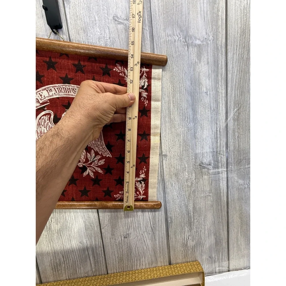 Vintage Americana E Pluribus Unum Eagle Wall Hanging Scroll Burlap Wood Frame